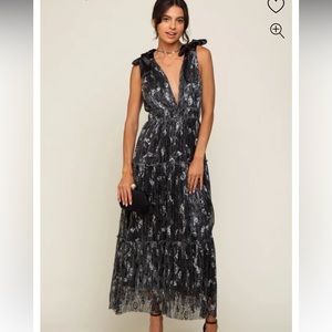 Black Floral Shimmer Deep V Shoulder Tie Midi Dress